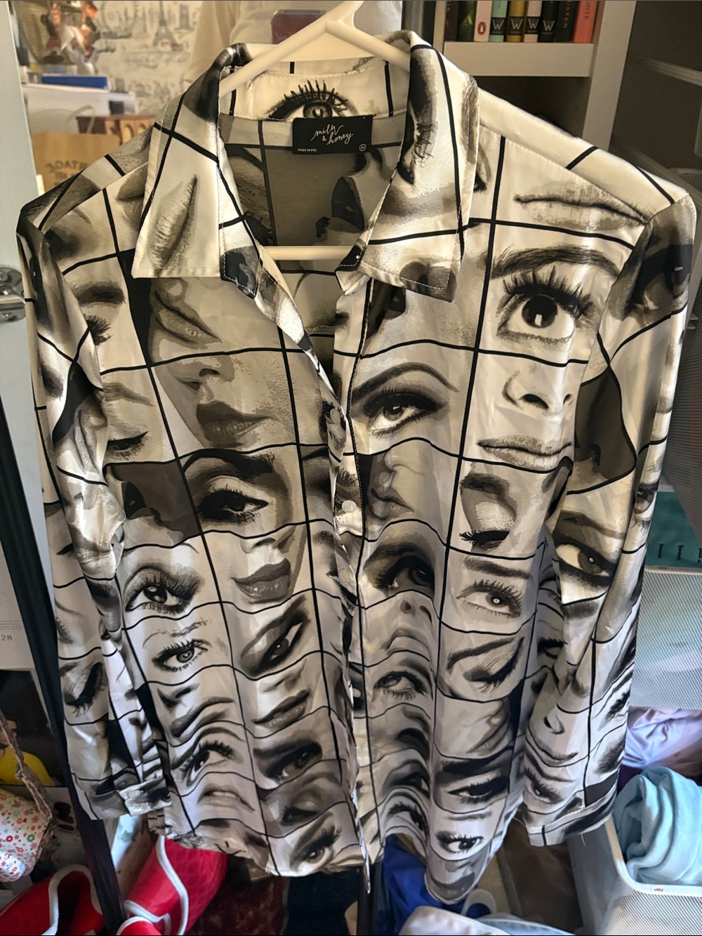 Black & White Face Print Button-Up Shirt